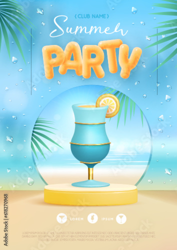 Summer disco party poster with 3d stage and cocktail blue lagoon. Colorful summer beach scene. Vector illustration