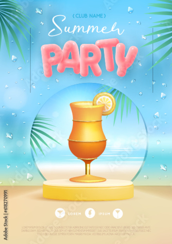 Summer disco party poster with 3d stage and tequila sunrise cocktail. Colorful summer beach scene. Vector illustration