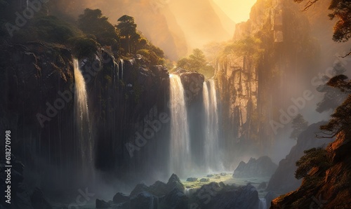  a large waterfall with lots of water coming out of it's sides in a forest at sunset or sunrise or dawn with mist coming from the top of the waterfall. generative ai