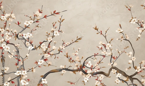  a painting of a tree with white flowers on it's branches and a bird perched on the branch of the tree with red leaves. generative ai