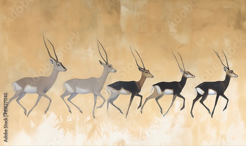  a painting of a group of antelope running in a line in front of a brown wall with a tan background and a brown wall. generative ai