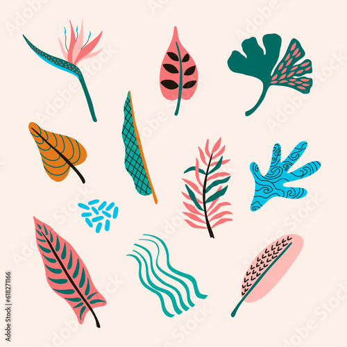 Bundle of tropical leaves and flowers. Vector abstract elements for sticker, print, poster, decoration.