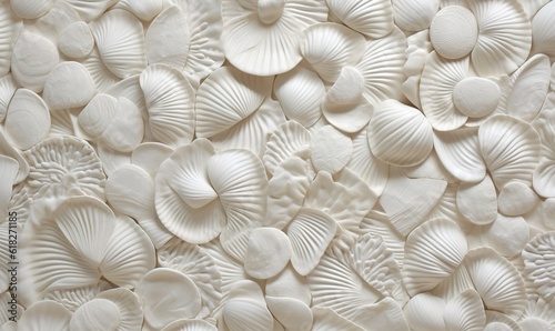  a close up of a wall made out of seashells on a white surface with a black and white background and a black and white photo of the bottom half of the wall. generative ai
