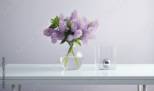  a glass vase with purple flowers on a white table next to a glass vase with purple flowers in it and a silver ball in the middle.  generative ai