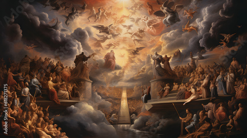 Print op canvas Renaissance-Inspired Ancient Style Painting of Heaven, Celestial Serenity Unveil