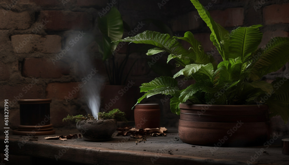 Fresh green leaves grow in pottery vase indoors generated by AI Fresh green leaves grow in pottery vase indoors generated by AI