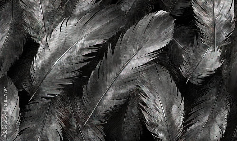 Fototapeta premium a black and white photo of a bunch of feathers that have been taken off of a tree in the woods for a photo ope. generative ai