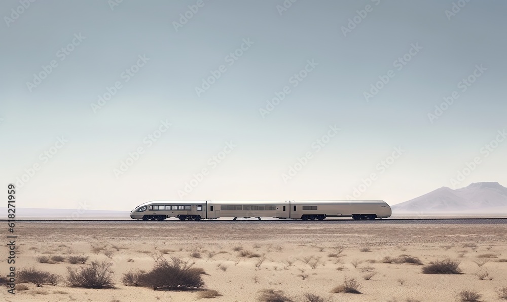  a train traveling through the desert with a mountain in the background on a clear day in the distance is a desert with sparse grass and bushes.  generative ai