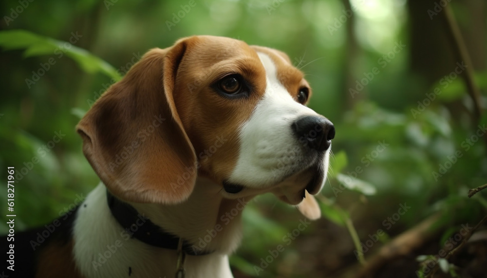 Cute beagle puppy sitting in green grass generated by AI
