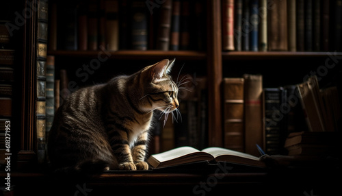 Cute kitten studying literature on bookshelf indoors generated by AI