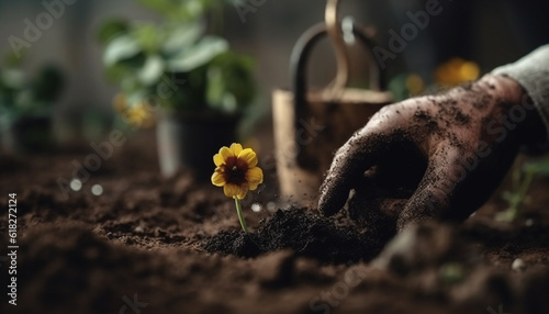 Human hand planting seedling in wet dirt generated by AI