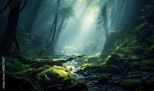  a stream running through a lush green forest filled with lots of moss covered rocks and trees with bright beams of light shining through the trees.  generative ai