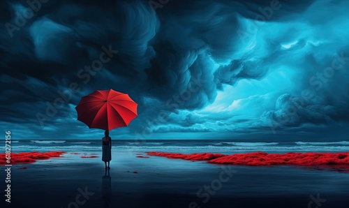  a person holding a red umbrella standing in the middle of a body of water under a cloudy sky with red seaweed in the foreground.  generative ai