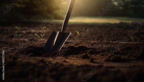 Digging with gardening equipment, planting fresh seedlings generated by AI