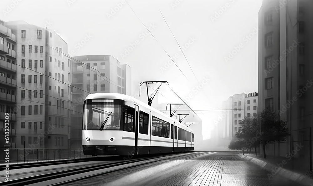 a black and white photo of a train on the tracks in a city with tall buildings in the background and a foggy sky above.  generative ai