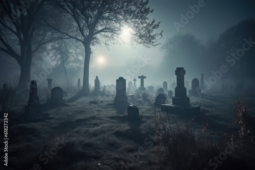 Graveyard in creepy forest in dark night gloomy creepy graves. Generative AI