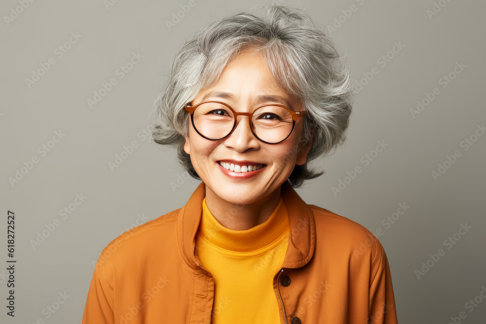 Elder Asian woman in glasses smiles on a beige background, classic Japanese simplicity.