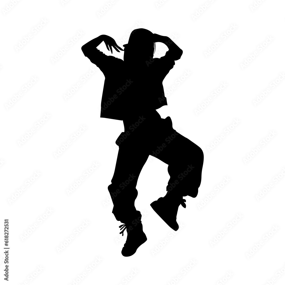 Vector illustration. Silhouette of a girl dancer in baggy hip-hop clothes. Vector illustration. Silhouette of a girl dancer in baggy hip-hop clothes.