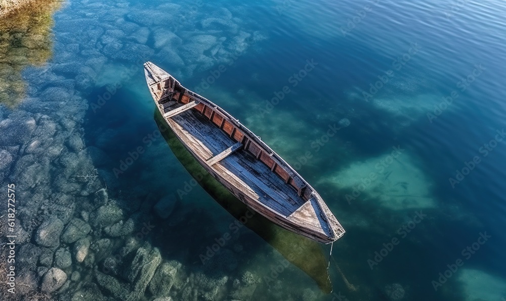  a small boat floating on top of a lake next to a rocky shore with a tree in the distance and a rock wall in the water.  generative ai