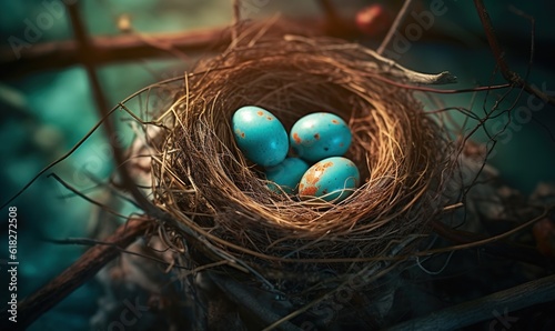  a nest with three eggs in it on a tree branch in a forest with blue water and green leaves in the background, with a branch with a few branches and a few leaves.  generative ai