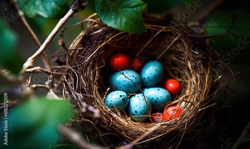  a bird nest filled with blue and red speckled eggs next to a green leafy branch with red and blue eggs in the nest.  generative ai