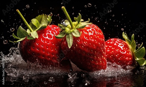  three strawberries splashing in water on a black background with a green stem and two green leaves on the top of the two strawberries.  generative ai