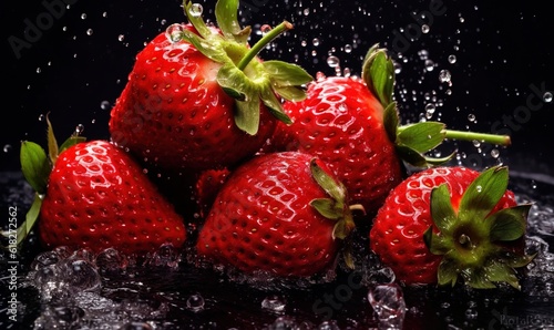  a group of strawberries splashing in water on a black surface with a green stem on the top of the strawberries and the bottom of the strawberries.  generative ai