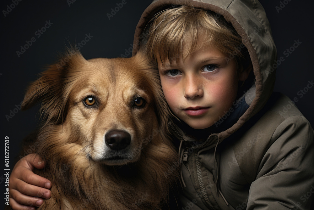 Boy and dog looking at camera together, close up portrait. Friendship between child and pet. People emotions. Created with Generative AI