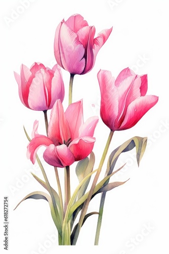 Fuchsia Tulips watercolor illustration watercolor. AI generated