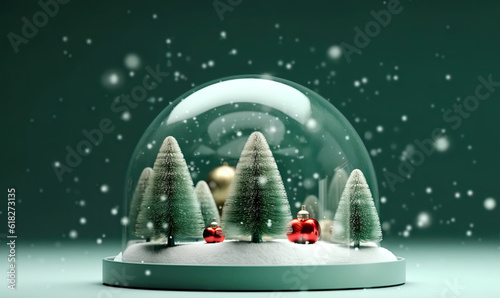 Minimalist Christmas trees and balls under snow in a glass dome. AI generative