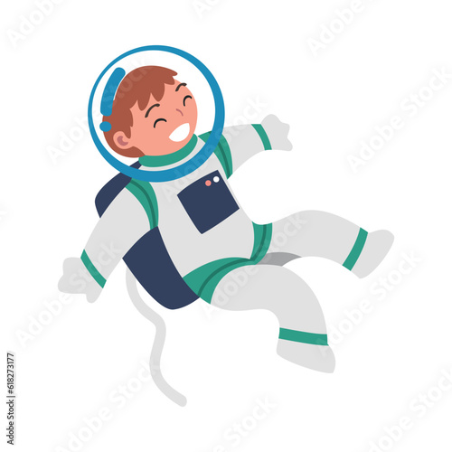 Space with Boy Astronaut Character in Spacesuit Floating Vector Illustration