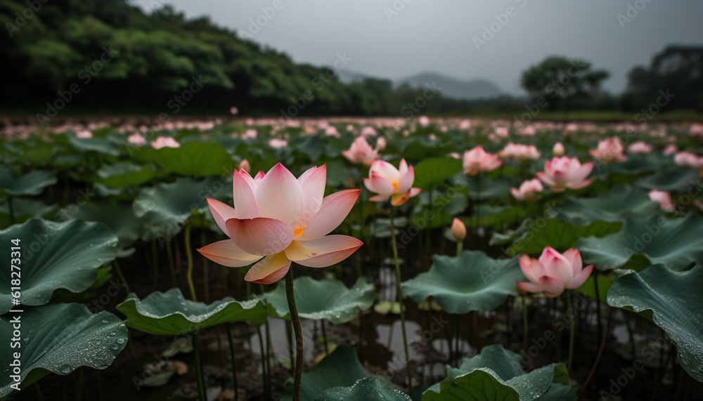 Pink lotus blossom floats on tranquil pond generated by AI Pink lotus blossom floats on tranquil pond generated by AI