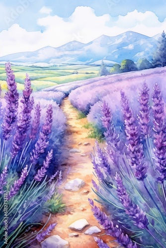 Lavender Fields watercolor illustration. AI generated