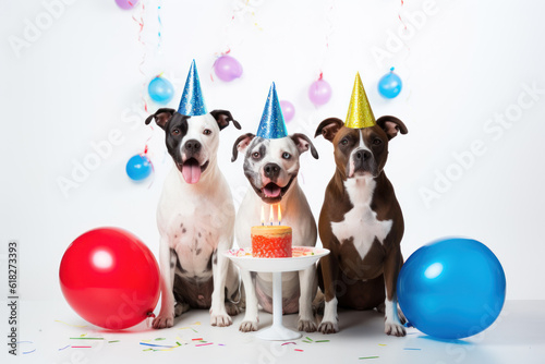 Dogs with party hats and balloons celebrate life on white background. Generative AI © Anthony Paz