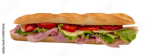 Mini baguette with tomato, salad, cheese and ham , club sandwich cut out on transparent