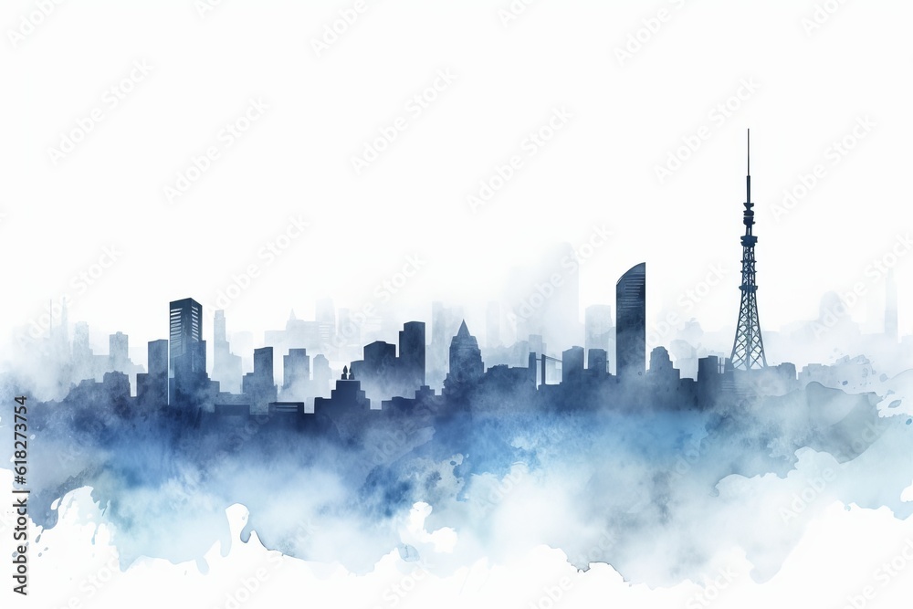 tokio skyline, A Captivating Watercolor-style Blue Silhouette of Tokyo's Skyline, Set against a White Background, Showcasing the Dynamic Fusion of Tradition and Innovation in Japan's Bustling Metropol