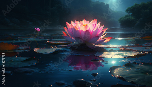 Lotus water lily, floating in tranquil pond generated by AI