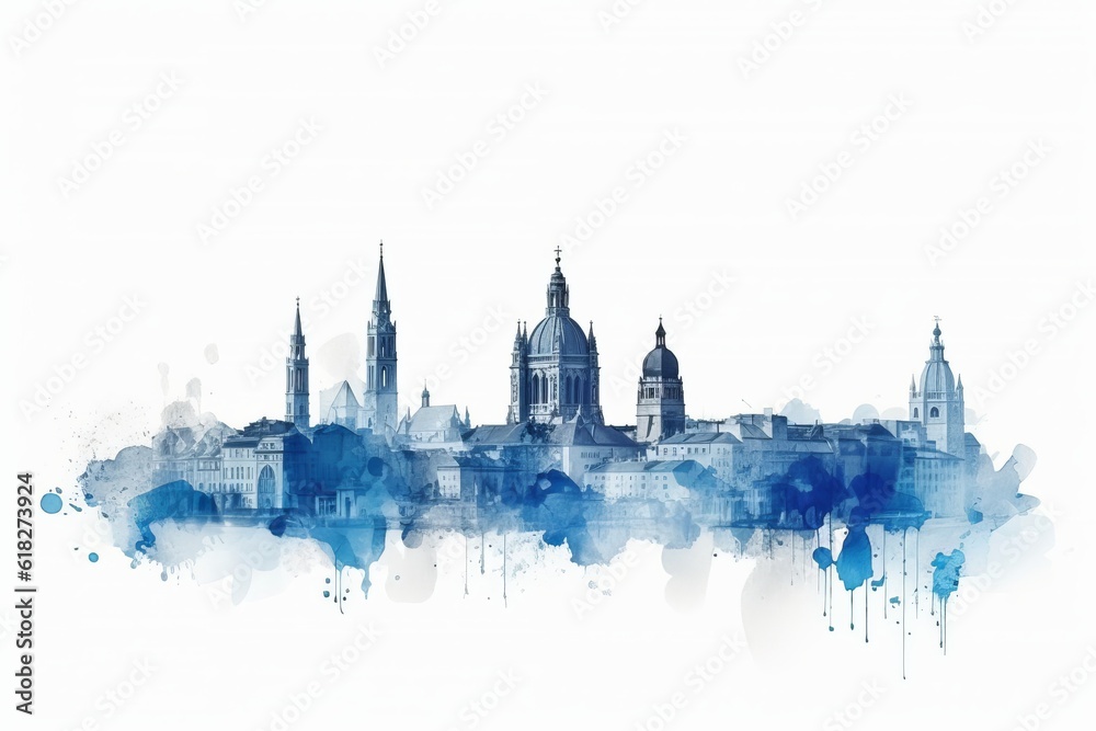 vienna skyline, A Captivating Watercolor-style Blue Silhouette of Vienna Skyline, Against a White Background, Showcasing the Splendor and Cultural Heritage of Austria Enchanting Capital - obrazy, fototapety, plakaty 