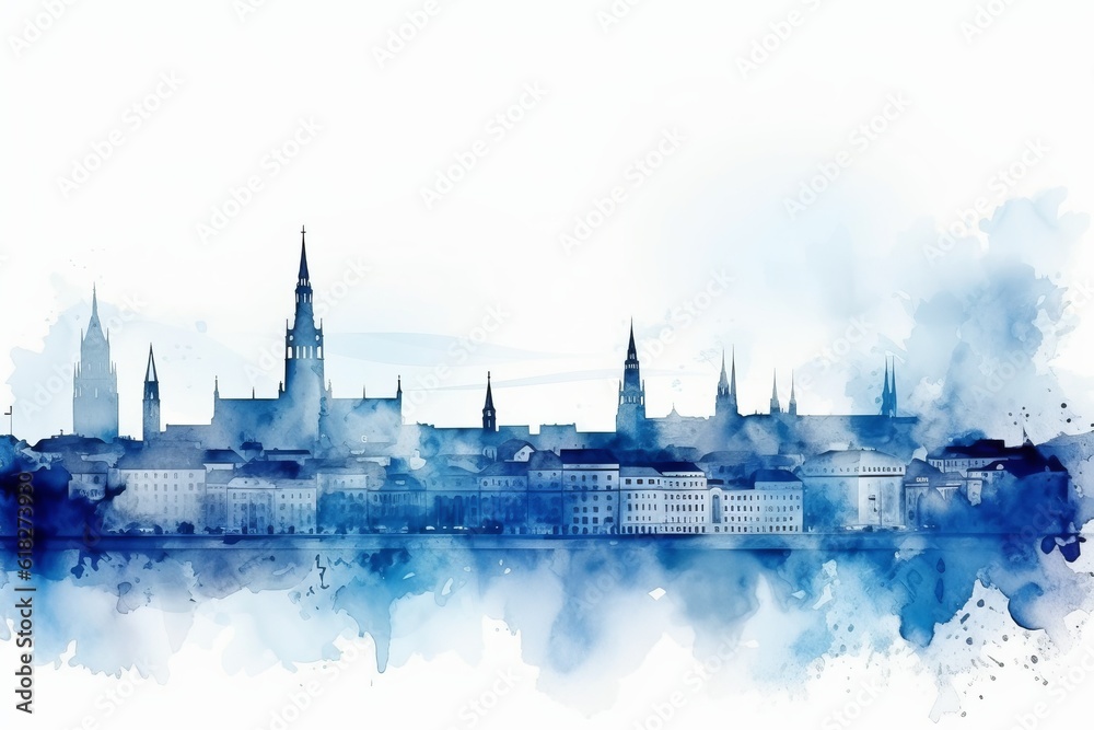 vienna skyline, A Captivating Watercolor-style Blue Silhouette of Vienna's Skyline, Against a White Background, Showcasing the Splendor and Cultural Heritage of Austria's Enchanting Capital