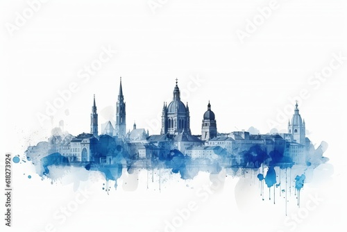 vienna skyline, A Captivating Watercolor-style Blue Silhouette of Vienna Skyline, Against a White Background, Showcasing the Splendor and Cultural Heritage of Austria Enchanting Capital photo
