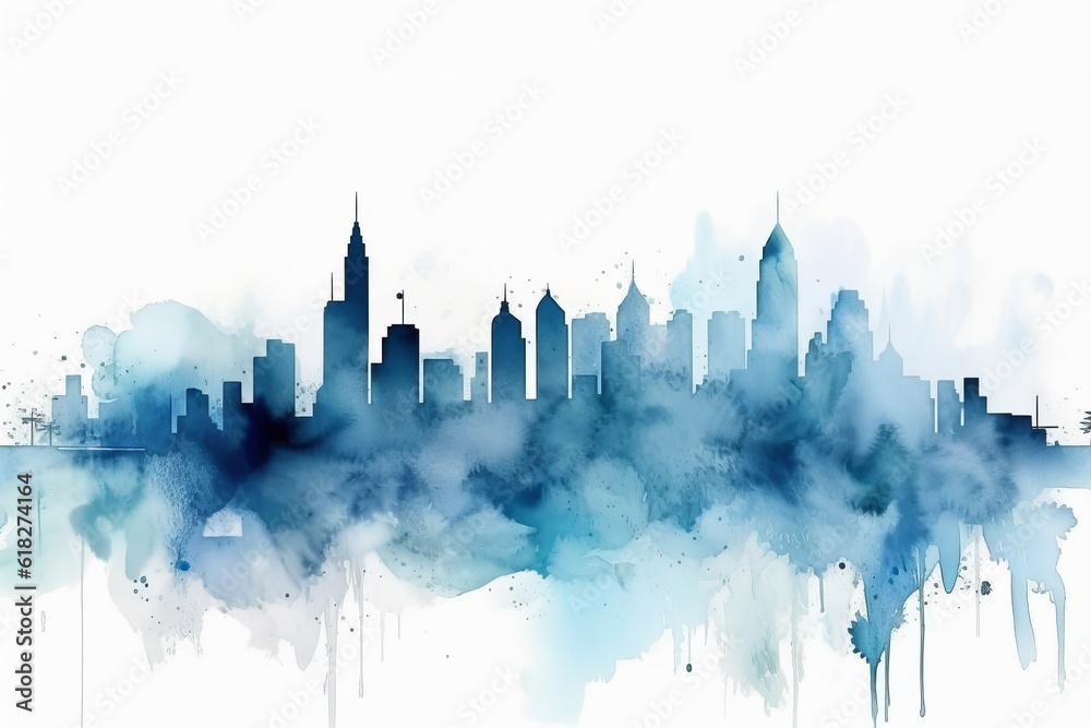 A Captivating Watercolor-style Blue Silhouette of New York Skyline, Against a White Background, Blending with the Iconic Energy of America Vibrant Metropolis.