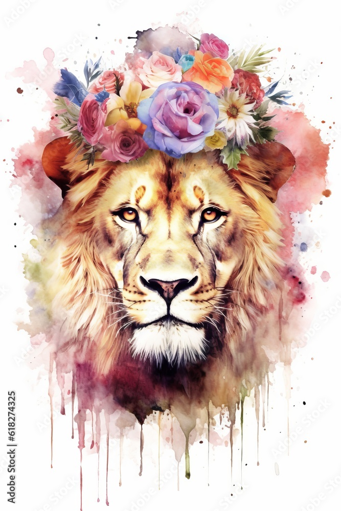Majestic lion with a crown of flowers watercolor. AI generated