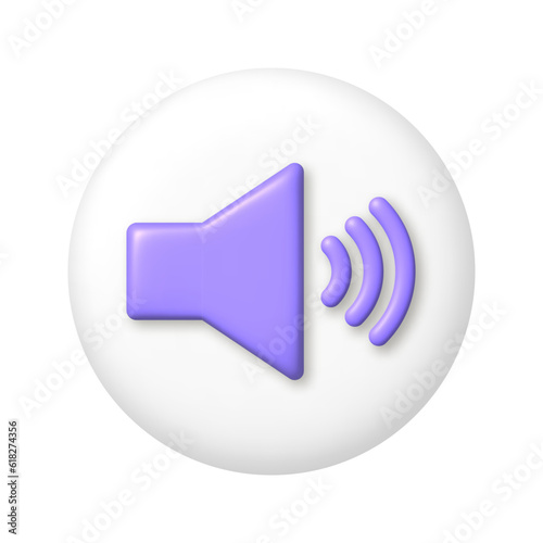 Purple megaphone speaker icon on white button. 3d cartoon vector illustration.