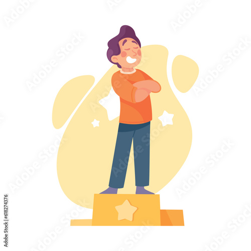 Ego with Self Confident Boy Character with Folded Arms Stand on Pedestal Vector Illustration
