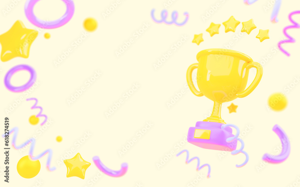 Winner cup with stars, confetti and empty space on yellow background 3d render. Cartoon poster with gold trophy, prize or award for sports events. Celebration and ceremony concept. 3D illustration