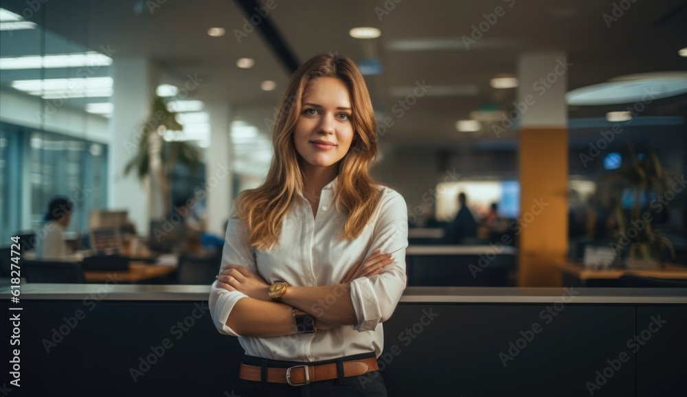a smiling girl with arms crossed in an office building