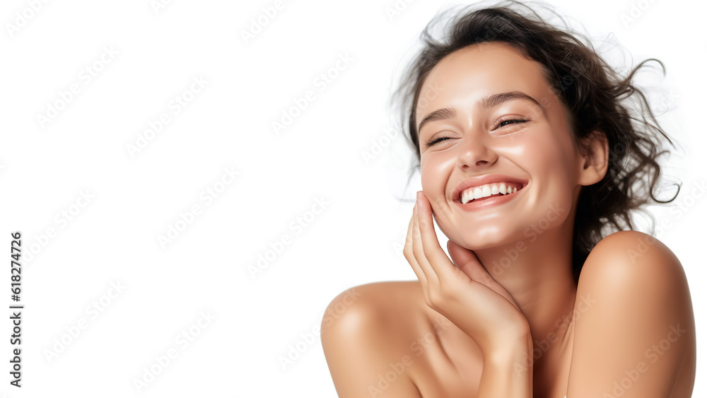 Woman smiling while touching her flawless glowy skin with copy space for your advertisement, skincare - obrazy, fototapety, plakaty 