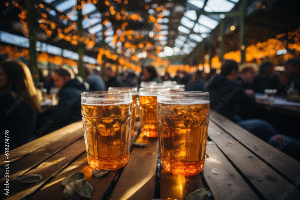 Cold beer glass on a wooden table. Generative AI Cold beer glass on a wooden table. Generative AI