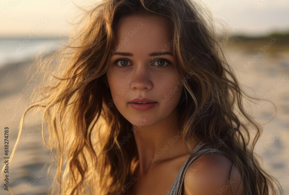 girl looking at camera with bright eyes on beach