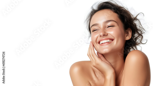 Leinwand Poster Woman smiling while touching her flawless glowy skin with copy space for your ad
